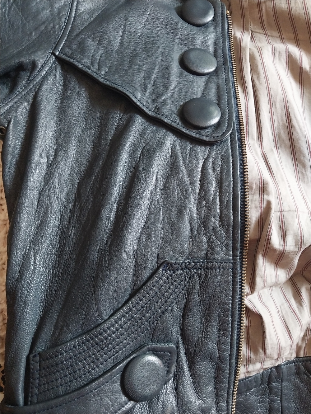 Mike & Chris Ash Blue Leather Hooded Bomber Jacket, Sz M, 6 - Picture 8 of 10